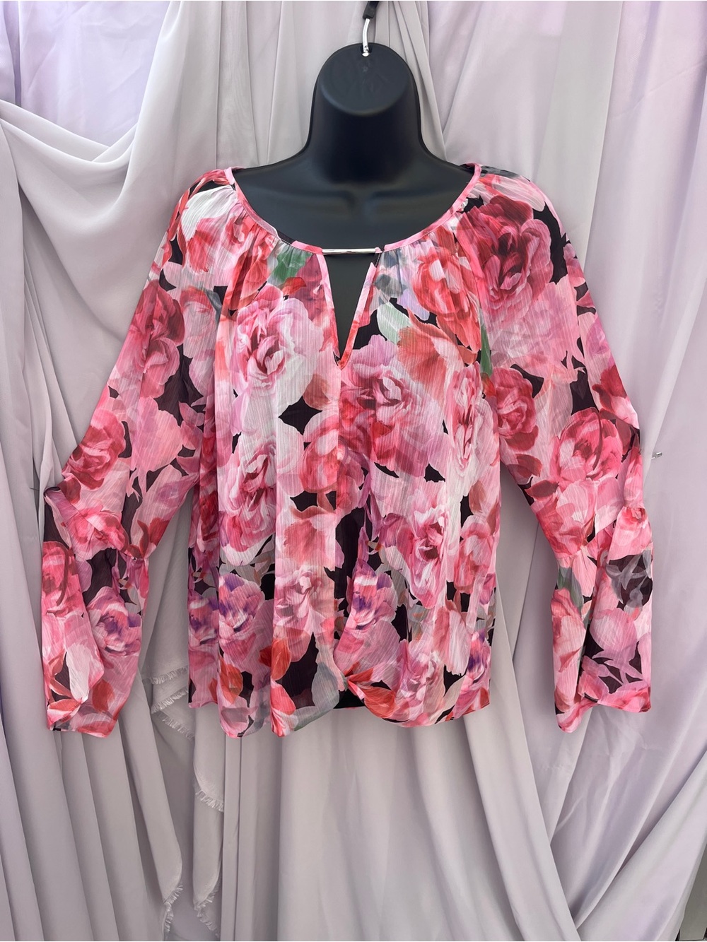 Women's Pink Floral Keyhole Blouse